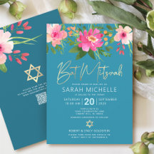 Código QR Bat Mitzvah Turquesa Floral Dourado Scri