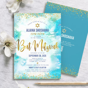 Convite Código QR Bat Mitzvah Turquesa Folha Dourada Aquar