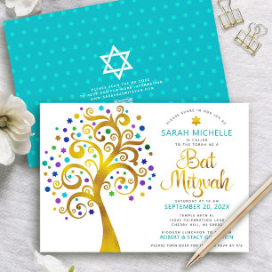 Convite Código QR Bat Mitzvah Turquesa Ouro Árvore da Vida