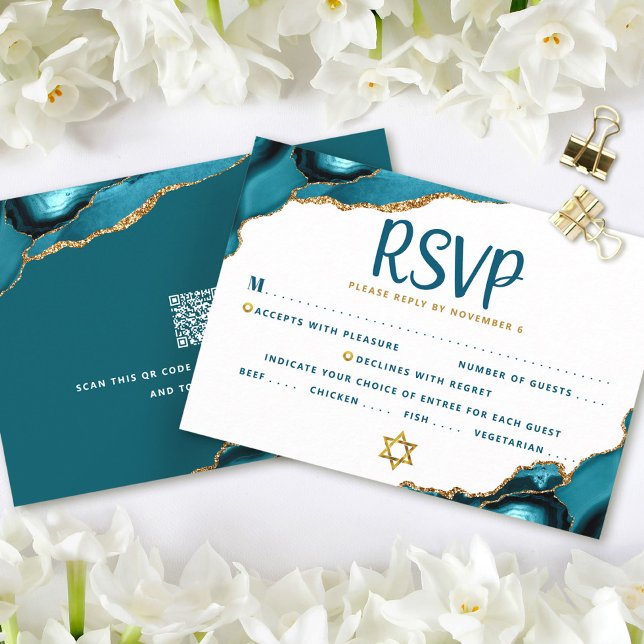 Convite Código QR Bat Mitzvah Turquoise Agate Bold RSVP Pl (Criador carregado)