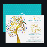 Convite Código QR Bat Mitzvah Turquoise Árvore Dourada da<br><div class="desc">Tenha orgulho, alegria e mostre este marco do seu Bat Mitzvah favorito! Envie este convite ousado, moderno e personalizado de código QR para um evento a ser lembrado. Uma folha de ouro falso, divertida e gráfica, com turquesa cintilante, teta, púrpura e azul Estrela de David e "folhas" de ponto, roteiro...</div>