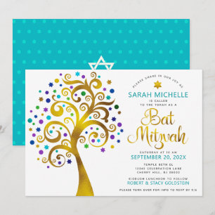 Convite Código QR Bat Mitzvah Turquoise Árvore Dourada da 