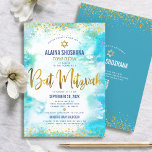 Convite Código QR Bat Mitzvah Turquoise Gold Foil Watercol<br><div class="desc">Tenha orgulho, alegria e mostre este marco do seu Bat Mitzvah favorito! Enviar este convite de código QR personalizado, moderno e impressionante para um evento a lembrar. Escrito em folha de ouro cintilante, pontos brilhantes, Estrela de David e tipografia escrita à mão recobrem um fundo de cor azul-turquesa. No verso,...</div>
