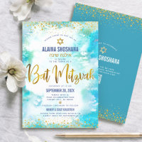 Código QR Bat Mitzvah Turquoise Gold Foil Watercol