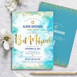 Convite Código QR Bat Mitzvah Turquoise Gold Foil Watercol