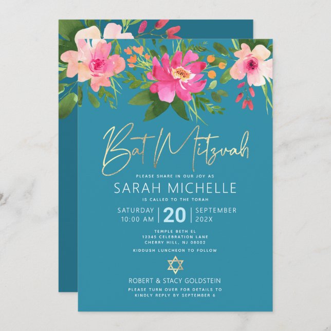 Convite Código QR Bat Mitzvah Turquoise Script Dourado Flo (Frente/Verso)