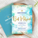 Convite Código QR Bat Mitzvah Turquoise Watercolor Gold Fo<br><div class="desc">Tenha orgulho, alegria e mostre este marco do seu Bat Mitzvah favorito! Enviar este convite de código QR personalizado, moderno e impressionante para um evento a lembrar. Escrita em folha de ouro, pontos brilhantes, estrela de David e tipografia de escrita manual sobre um fundo de cor d'água turquesa. No verso,...</div>
