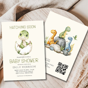 Convite Código QR Beige Dinossaur Hatching em breve Chá de