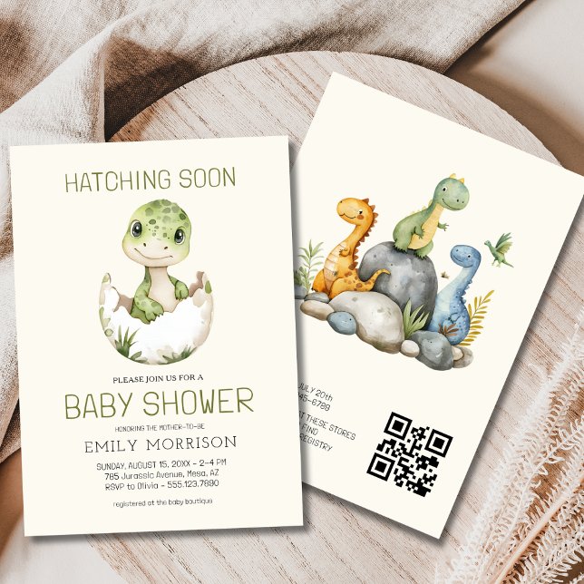 Convite Código QR Beige Dinossaur Hatching em breve Chá de (Criador carregado)