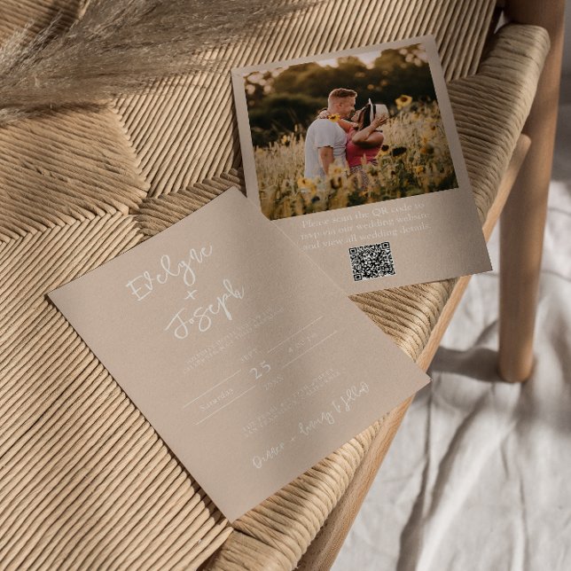 Convite Código QR Blush Peachy Foto Boho Moderno Casamento (Criador carregado)