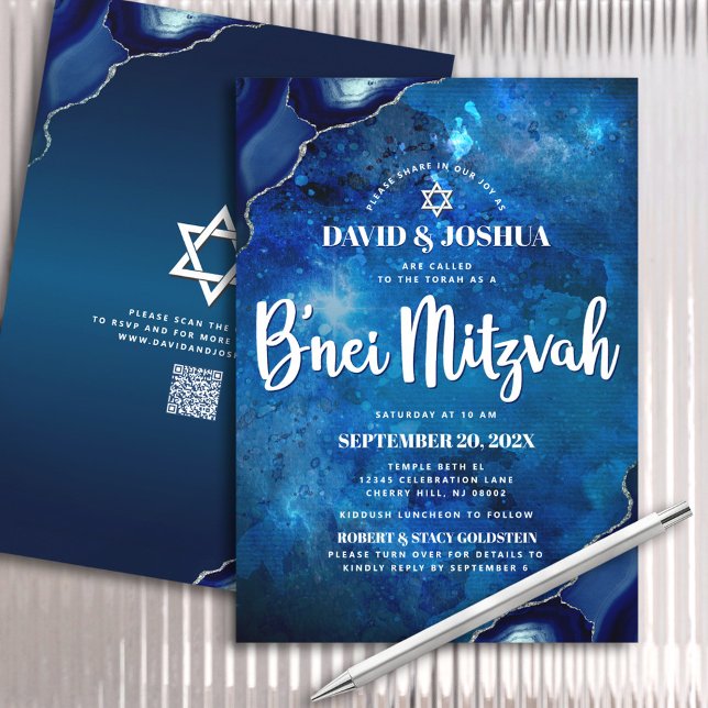 Convite Código QR B'nei Mitzvah Blue Agate Galaxy Script (Criador carregado)