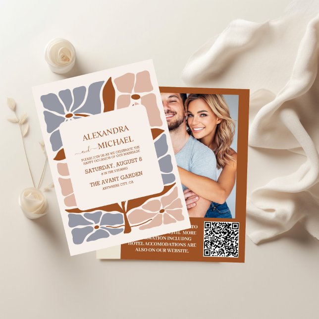 Convite Código QR Boho Chic Casamento Floral Retro (Criador carregado)
