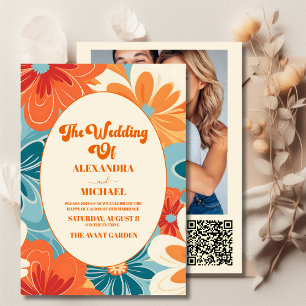 Convite Código QR Boho Chic Retro Colorido Floral Casament