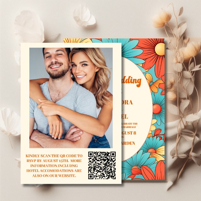 Convite Código QR Boho Retro Casamento Floral (Criador carregado)