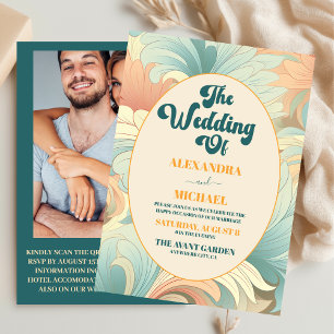 Convite Código QR Boho Retro Colorido Floral Casamento