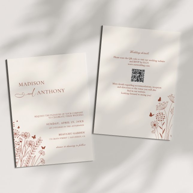 Convite Código QR Boho Terracota Flor Silvestre Casamento  (Criador carregado)