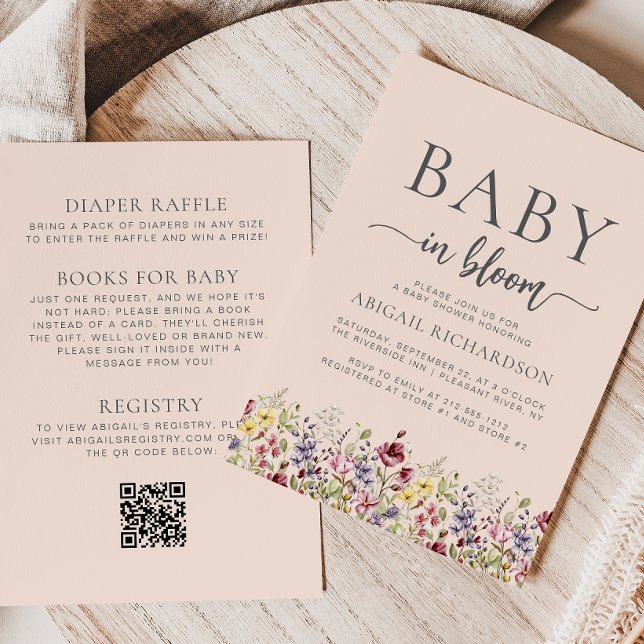 Convite Código QR Boho Wildflowers Blush para Chá de Bebê (Criador carregado)