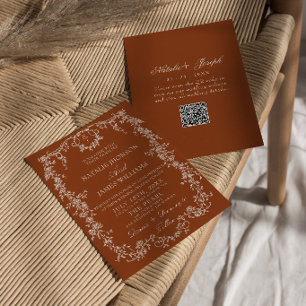 Convite Código QR Botânico Laranja Queimada Floral Casamen