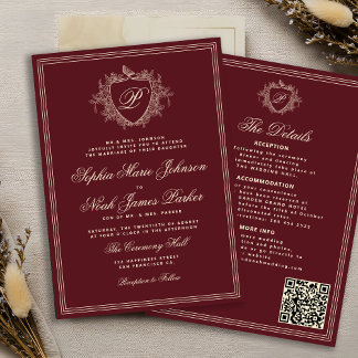 Convite Código QR burgundy clássico monograma formal casam