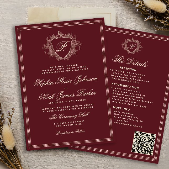 Convite Código QR burgundy clássico monograma formal casam (Criador carregado)