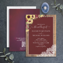 Convite Código QR Burgundy Sunflower Rustic Wood Casamento