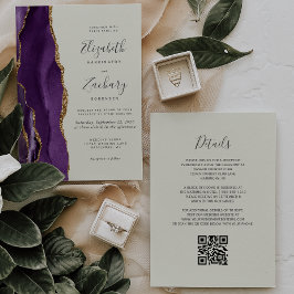Convite Código QR Casamento Ágata Dourada Roxa Marfim
