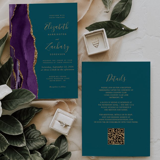 Convite Código QR Casamento Ágata Dourada Roxo Teal (Criador carregado)