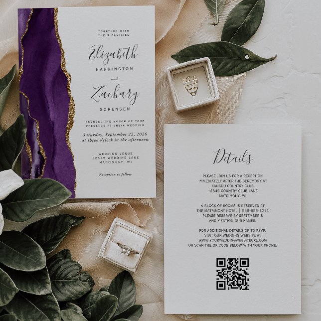 Convite Código QR Casamento Ágata Roxo Dourado (Criador carregado)