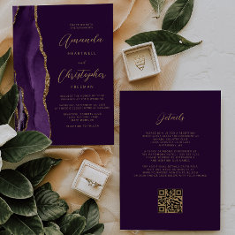 Convite Código QR Casamento Ameixa Ágata Dourado Roxo