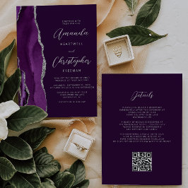 Convite Código QR Casamento Ameixa Ágata Prata Roxa
