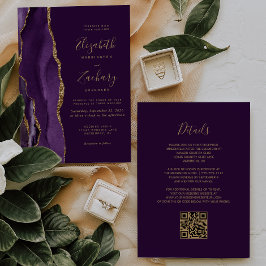 Convite Código QR Casamento Ameixa Ágata Roxo Dourado