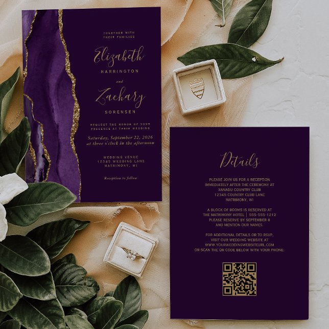 Convite Código QR Casamento Ameixa Ágata Roxo Dourado (Criador carregado)