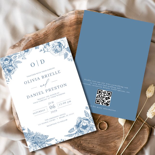 Convite Código QR Casamento Azul Dusty Francês Vitoriano (Criador carregado)