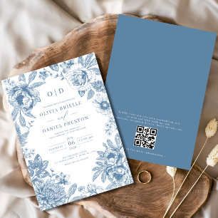 Convite Código QR Casamento Azul Dusty Francês Vitoriano