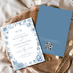 Convite Código QR Casamento Azul Dusty Francês Vitoriano