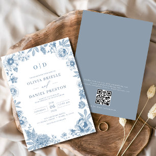 Convite Código QR Casamento Azul Dusty Francês Vitoriano