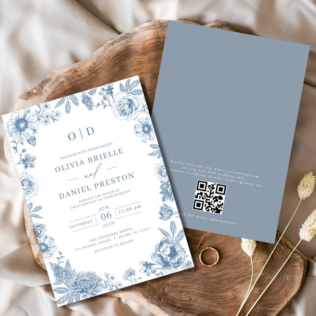 Convite Código QR Casamento Azul Dusty Francês Vitoriano (Criador carregado)