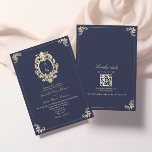 Convite Código QR Casamento Azul Marinho Barroco