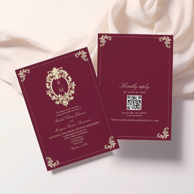 Convite Código QR Casamento Barroco Dourado Burgundy (Criador carregado)
