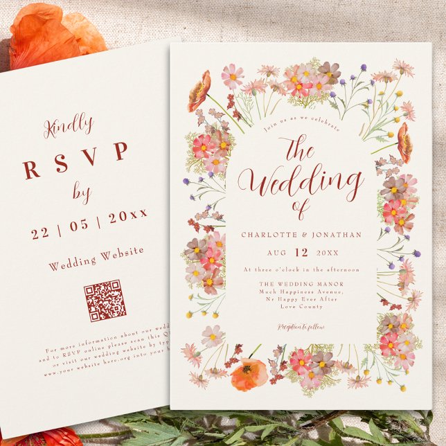 Convite Código QR Casamento Boho Flor Silvestre (Boho wildflower elegant fall wedding qr code invitation )