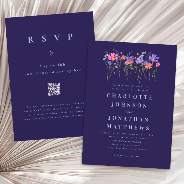 Convite Código QR Casamento Boho Flor Silvestre Azul Marin (Elegant wildflower vibrant floral navy blue wedding qr code invitation)