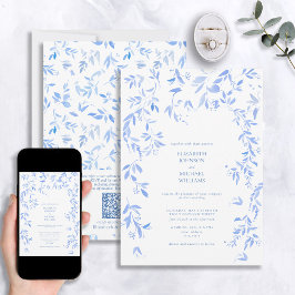 Convite Código QR Casamento Botânico Floral Azul Francês