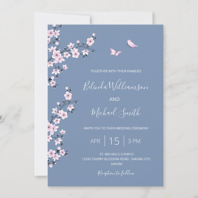 Convite Código QR Casamento Cerejeira Azul em Flor (Frente)