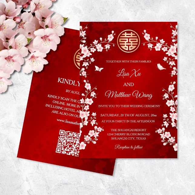 Convite Código QR Casamento Chinês de Cerejeira Rosa Pinta (Criador carregado)