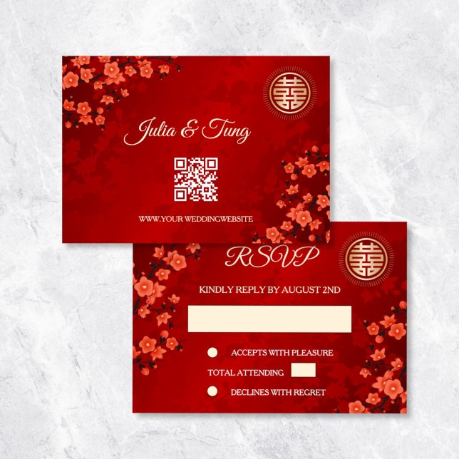 Convite Código QR | Casamento chinês RSVP-RSVP de Cereja (Criador carregado)