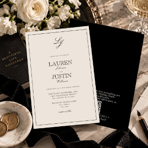 Convite Código QR Casamento Clássico Preto e Marfim Monogr