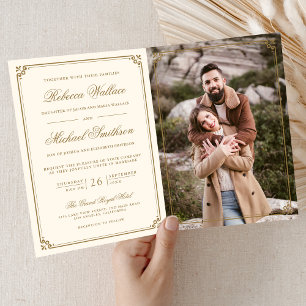 Convite Código QR Casamento Creme Dourado Foto Minimalista