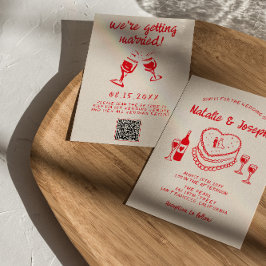 Convite Código QR Casamento de Bolo Vermelho Quirky Desenh