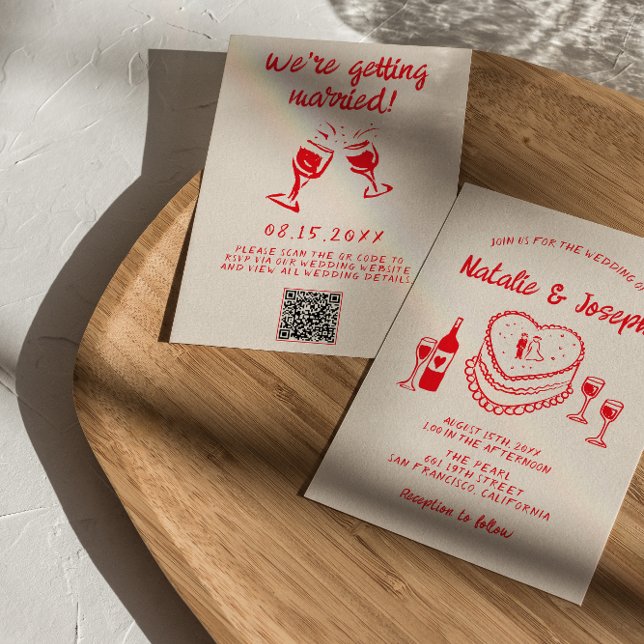 Convite Código QR Casamento de Bolo Vermelho Quirky Desenh (Criador carregado)
