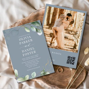 Convite Código QR Casamento de Foto Azul Eucalyptus Dusty